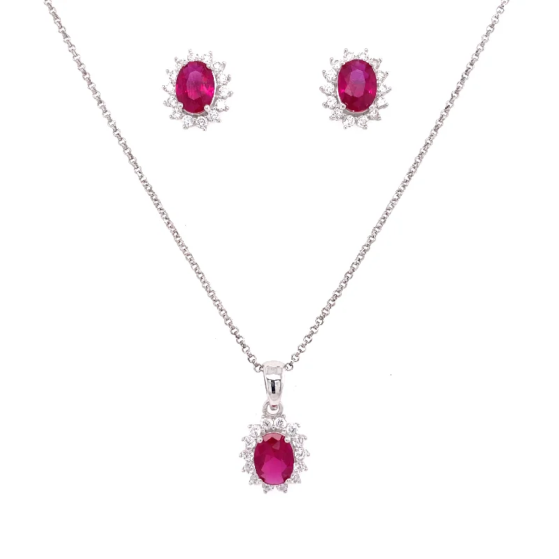 personalized pendant necklaces for women -Sterling Silver Ruby Oval Halo CZ Earrings & Necklace Set