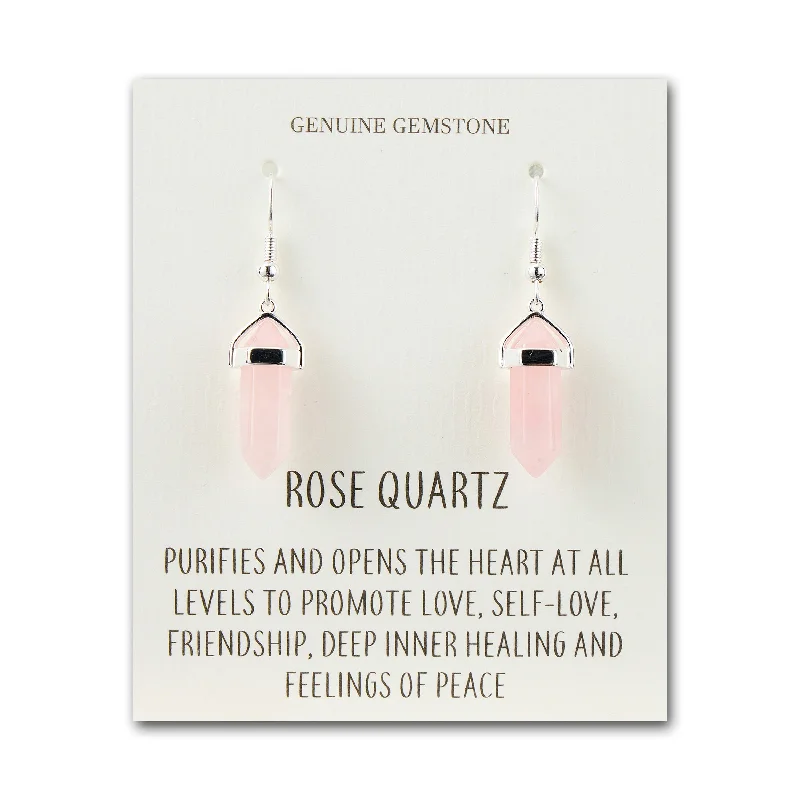 big hoop earrings for women -Rose Quartz Gemstone Drop Earrings with Quote Card