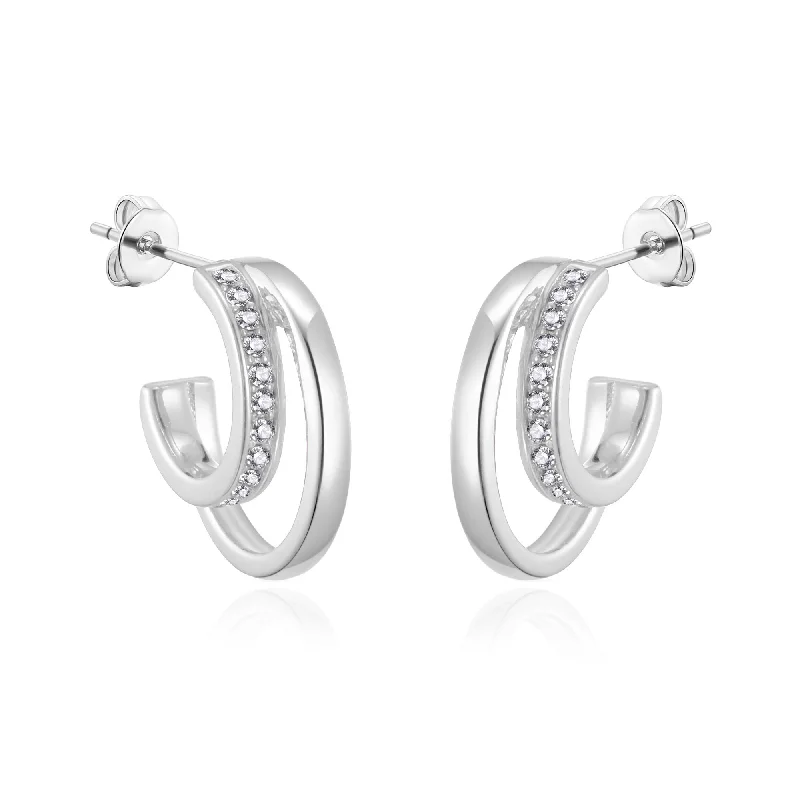 long earrings for women -Silver Plated Open Double Hoop Earrings Created With Zircondia® Crystals