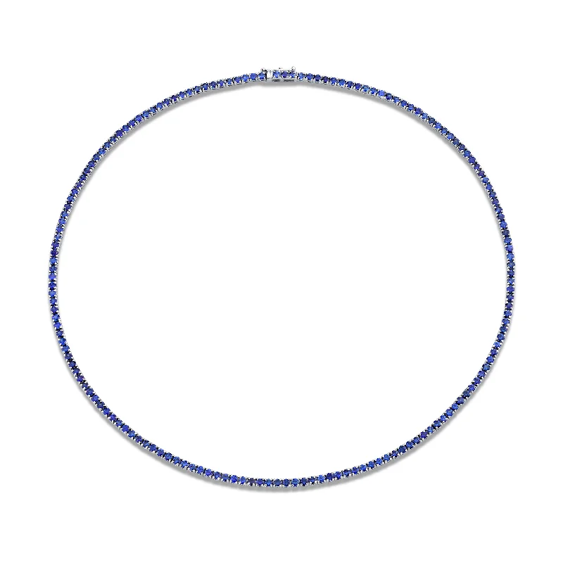 pearl chain necklaces for women -9.06 Carat 18k White Gold Blue Sapphire Straight Line Necklace