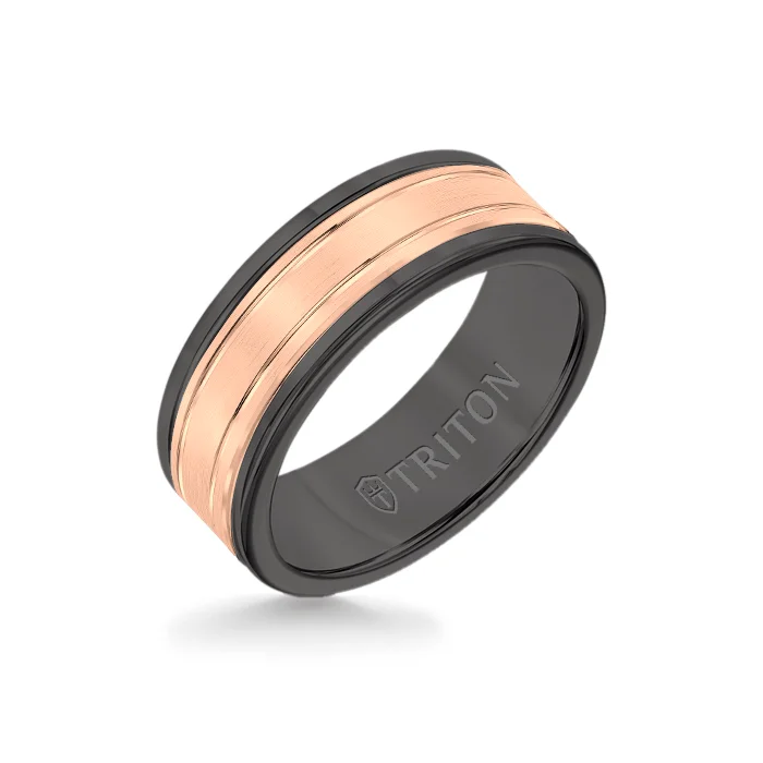 men’s wedding rings -8MM Black Tungsten Carbide Ring - Double Engraved 14K Rose Gold Insert with Round Edge