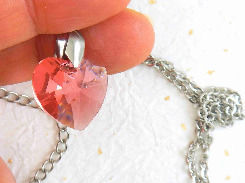 handmade necklaces for women -14/16-inch necklace with 18mm Padparadscha blush pink faceted Swarovski crystal heart pendant, stainless steel chain