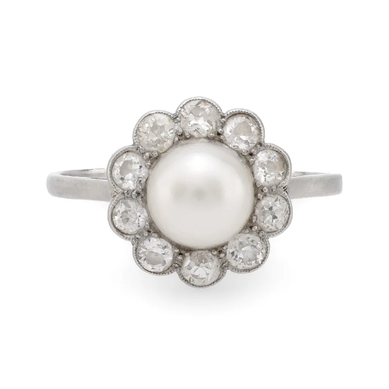 classic diamond rings -Edwardian natural pearl diamond platinum cluster ring