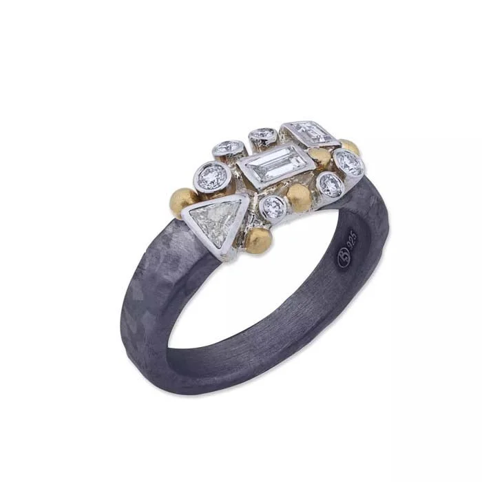 luxury rings for brides -Lika Behar Scatter Ring with Round and Fancy Cut Diamonds in Oxidized Sterling Silver with 24K Yellow Gold and 18K White Gold