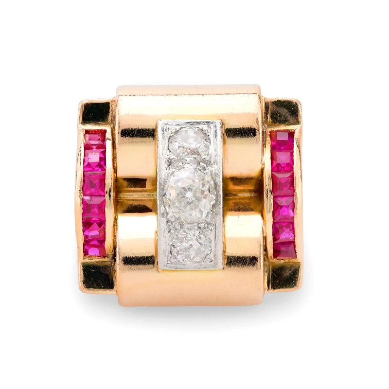 custom rings for women -French retro 18k rose gold diamond synthetic ruby tank ring