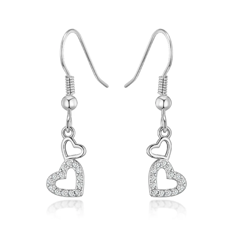 classic pearl earrings for women -Silver Plated Double Heart Drop Earrings Created with Zircondia® Crystals