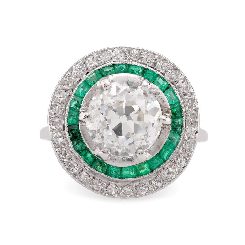 fashion gemstone rings -GIA 2.31 Carat Old European Cut Diamond Emerald Platinum Target Ring