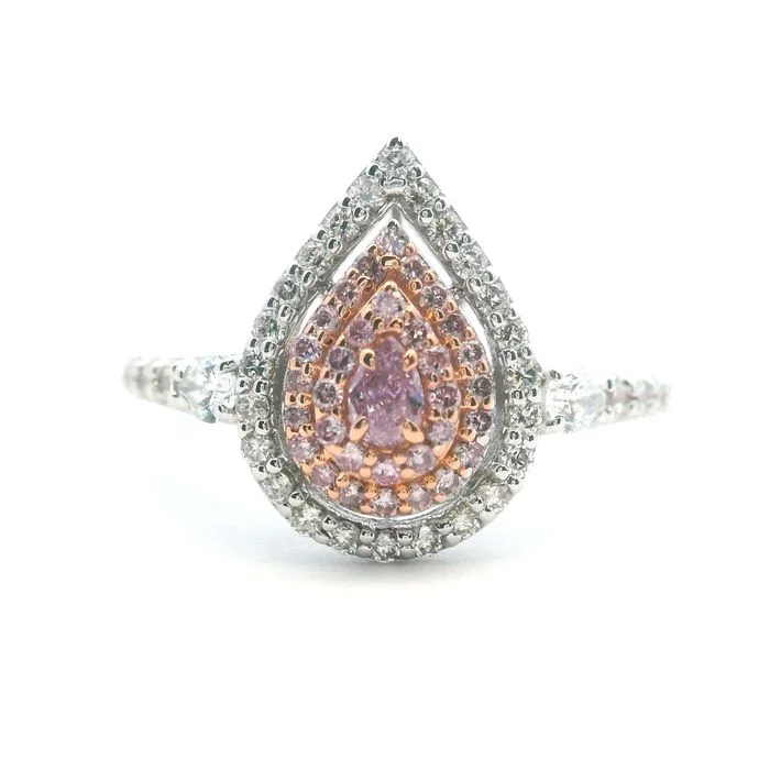 silver engagement rings -Charles Krypell Pear Pink Diamond Triple Halo Ring in 18K White and Rose Gold