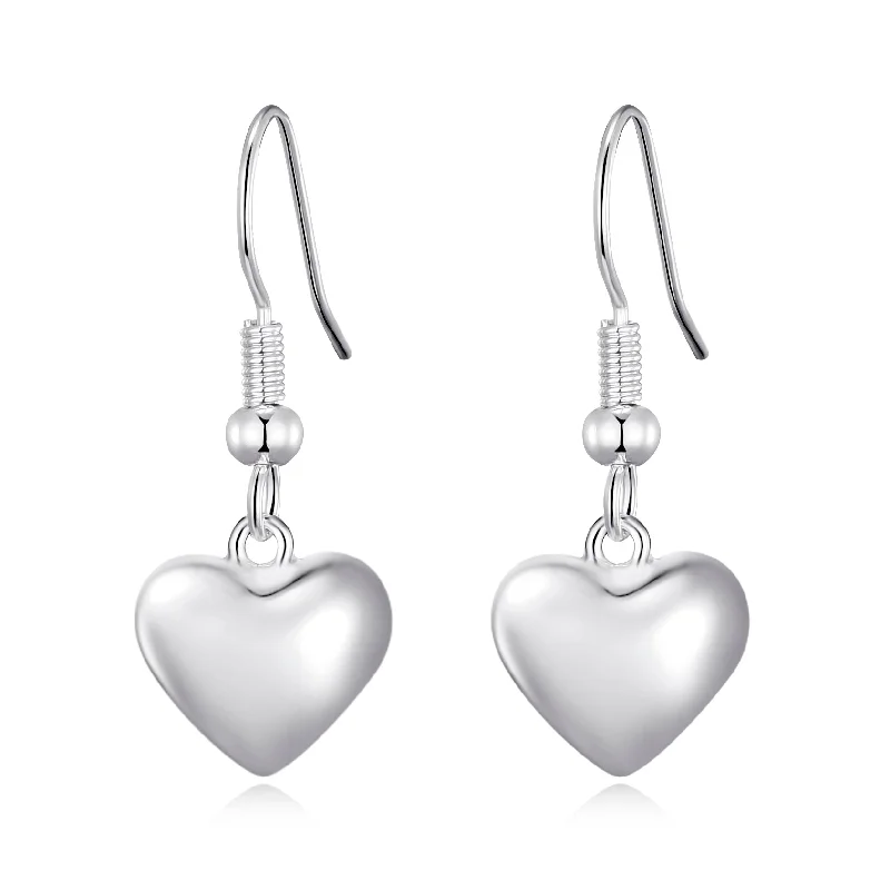 adjustable earrings for women -Sterling Silver Puffed Heart Drop Earrings