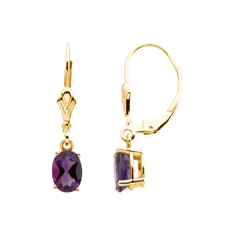 chic drop earrings for women -Oval Amethyst Lever Back Earrings in 14k Yellow Gold