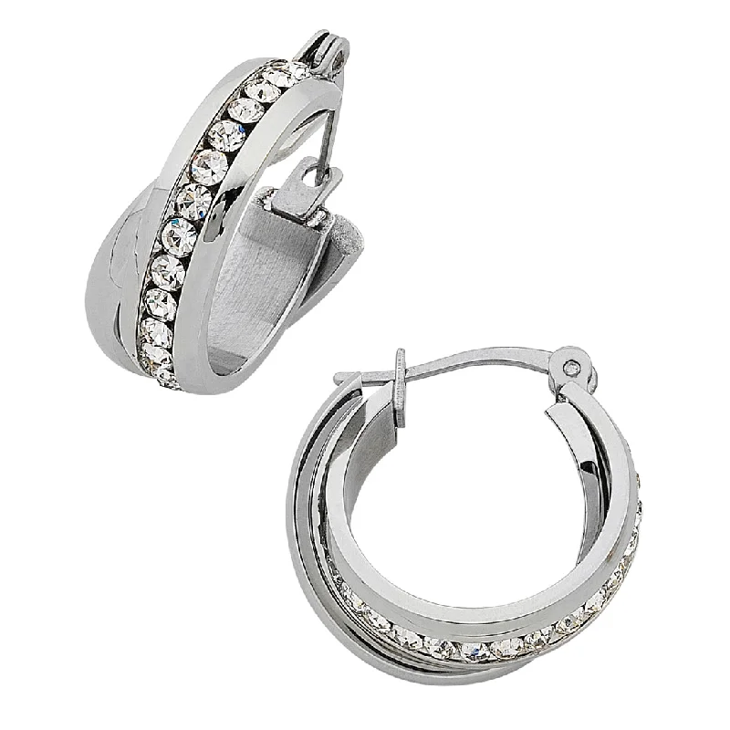 clip-on earrings for women -Stainless Steel Crystal Crossover Hoop Earrings