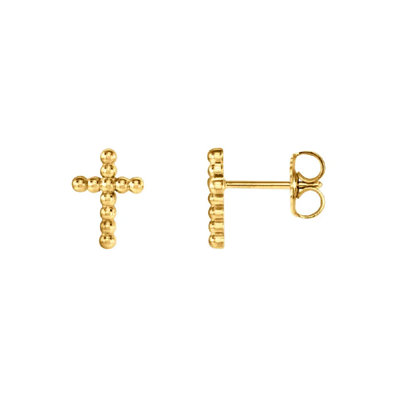 birthday gift earrings for women -9mm Beaded Cross Post Earrings in 14k Yellow Gold