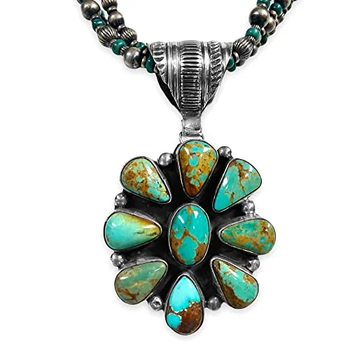 handmade necklaces for women -Genuine Royston Turquoise Necklace, Pendant with Navajo Pearls, Sterling Silver, Navajo Native American Handmade in New Mexico, Artist Signed, 3 Strand, 20 inches