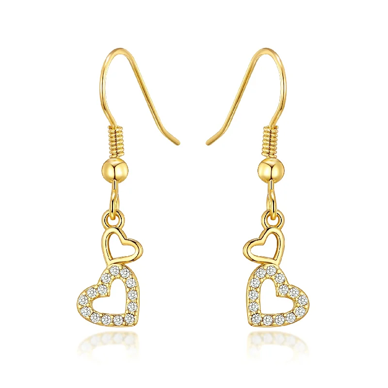 evening drop earrings for women -Gold Plated Double Heart Drop Earrings Created with Zircondia® Crystals