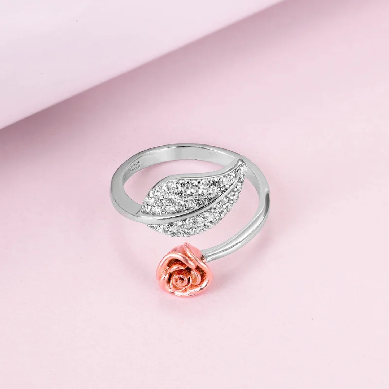 simple wedding bands for women -Rose Leaf 925 Silver Ring (Adjustable)