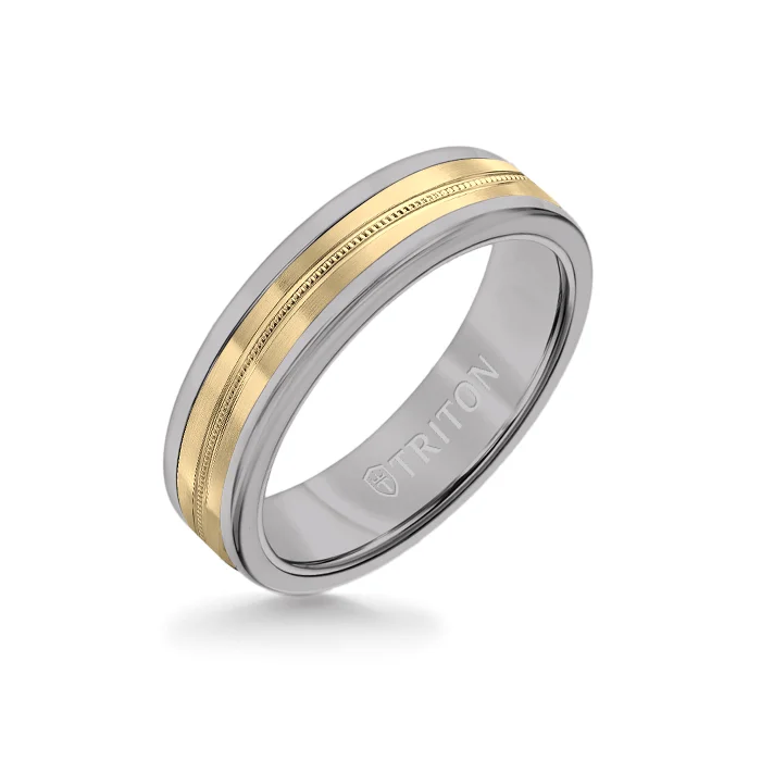 adjustable rings for women -6MM Grey Tungsten Carbide Ring - Center Milgrain 14K Yellow Gold Insert with Round Edge