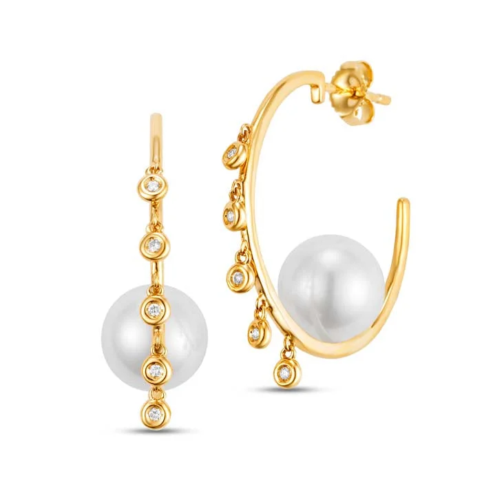 wedding rings for women -Mastoloni Pearl Hoops with Diamond Fringe in 14K Yellow Gold