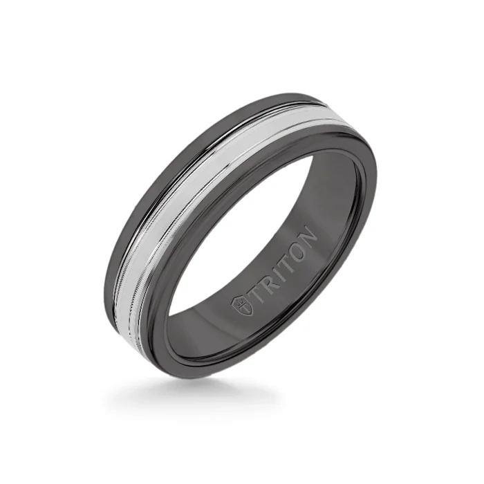 luxury rings for brides -6MM Black Tungsten Carbide Ring - Double Engraved 14K White Gold Insert with Round Edge