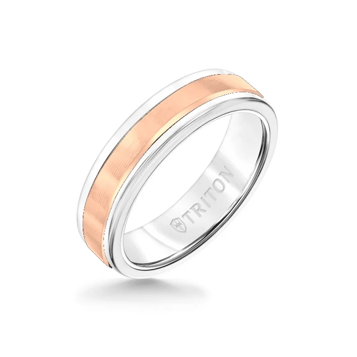 eternity diamond rings -6MM White Tungsten Carbide Ring - Linear 14K Rose Gold Insert with Round Edge