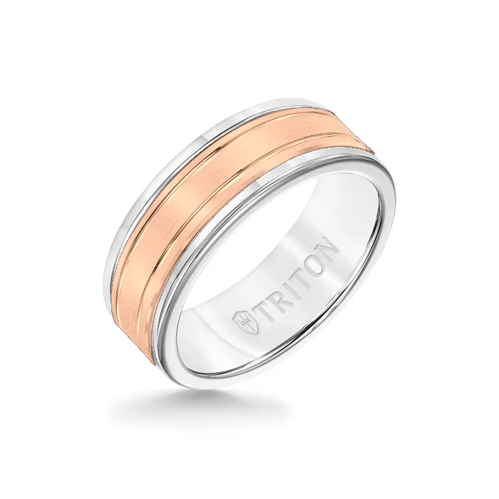 opal rings for women -8MM White Tungsten Carbide Ring - Double Engraved 14K Rose Gold Insert with Round Edge