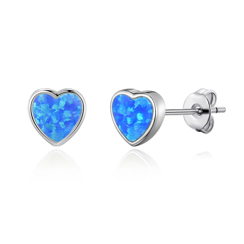 custom name earrings for women -Synthetic Blue Opal Heart Stud Earrings