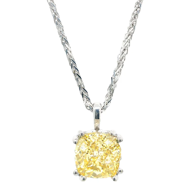 birthstone necklaces for women -Sterling 10mm Fancy Light Yellow Cushion Cut Scroll Pendant on 18" Diamond Cut Wheat Chain