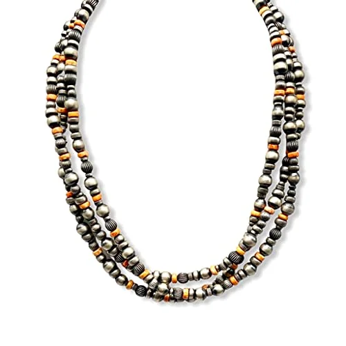 simple charm necklaces for women -20 inch, 3 Strand, Genuine Navajo Pearl Necklace, Orange Spiny Oyster Shell, Sterling Silver, Authentic Navajo Native American USA Handmade in New Mexico