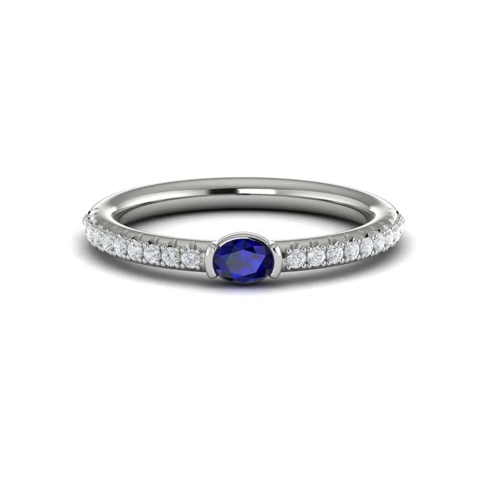 gemstone rings for women -Vlora Horizontal Oval Blue Sapphire "Sofia Collection" Ring in 14K White Gold