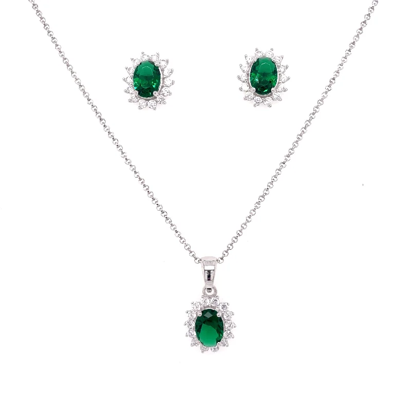 fashionable choker necklaces for women -Sterling Silver Emerald Oval & CZ Halo Earring & Necklace Set