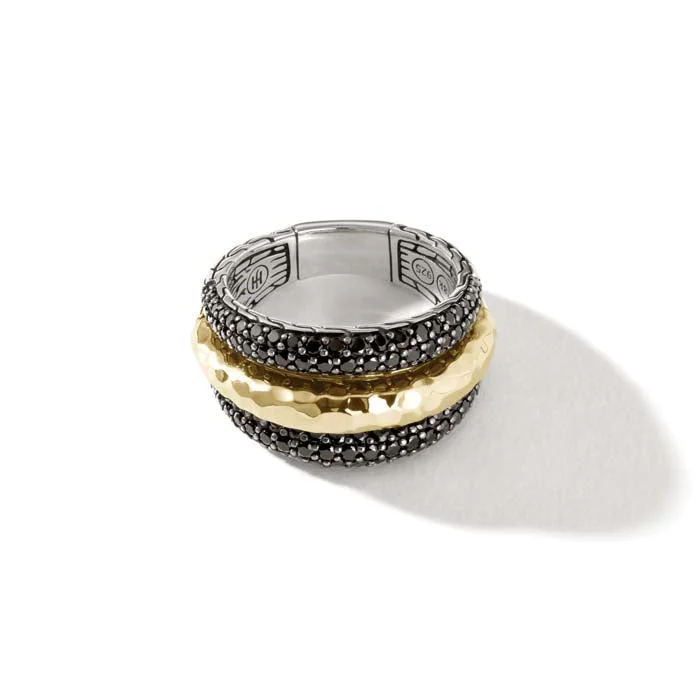 vintage gold rings -John Hardy Palu Dome Classic Chain Hammered Ring with Black Sapphires and Black Spinel in Sterling Silver and 18K Yellow Gold