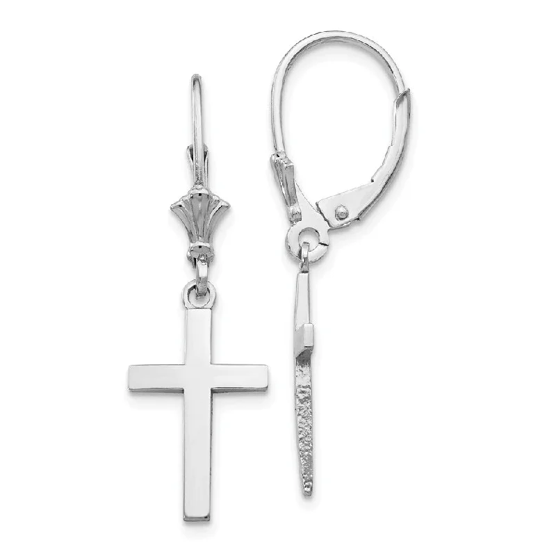 silver hoop earrings for women -Polished Hollow Cross Lever Back Earrings in 14k White Gold