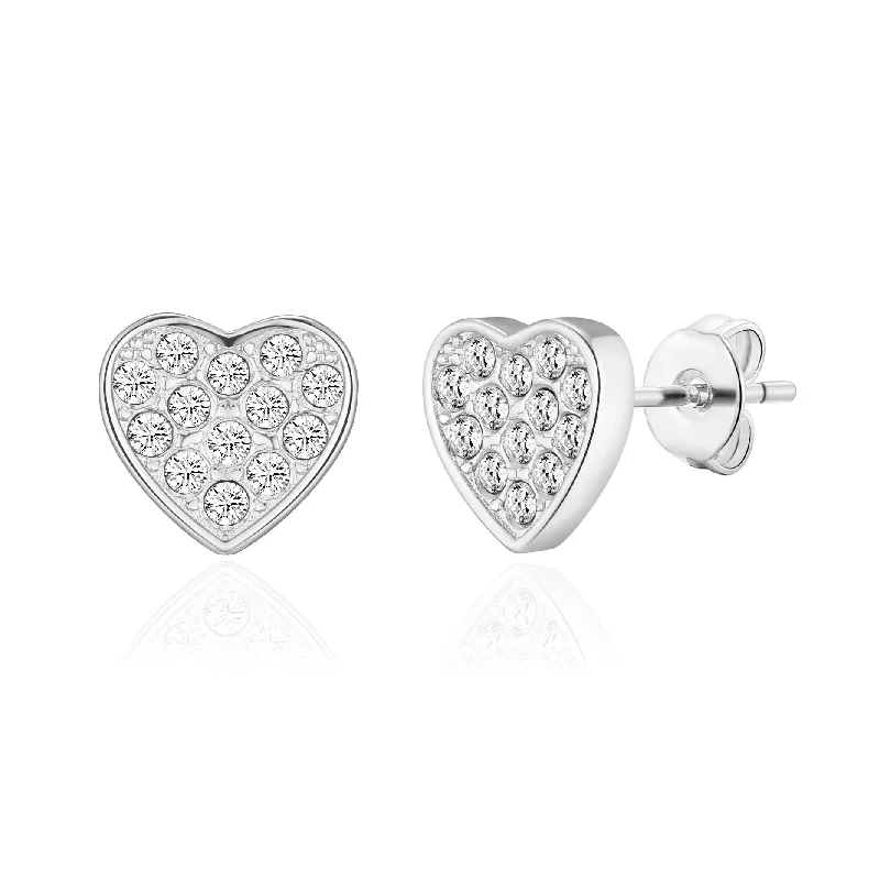 crystal earrings for women -Silver Plated Pave Heart Earrings Created with Zircondia® Crystals