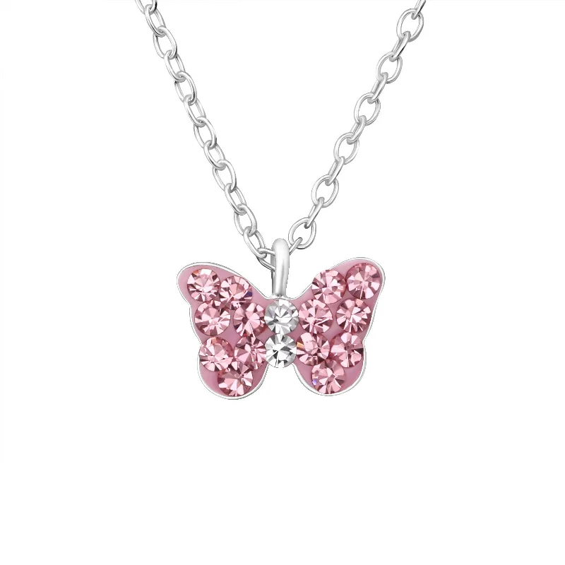 classic pearl necklaces for women -Children’s Sterling Silver Pink Butterfly Necklace