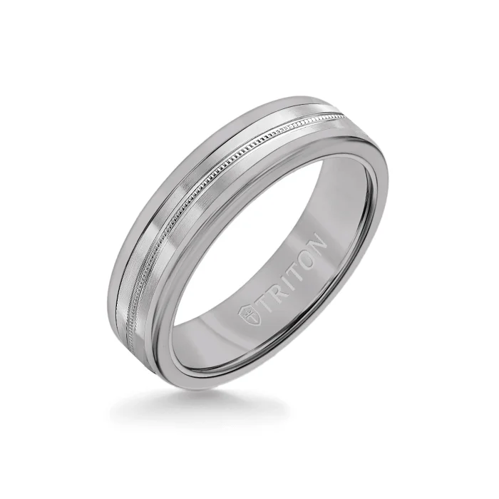 silver statement rings -6MM Grey Tungsten Carbide Ring - Center Milgrain 14K White Gold Insert with Round Edge