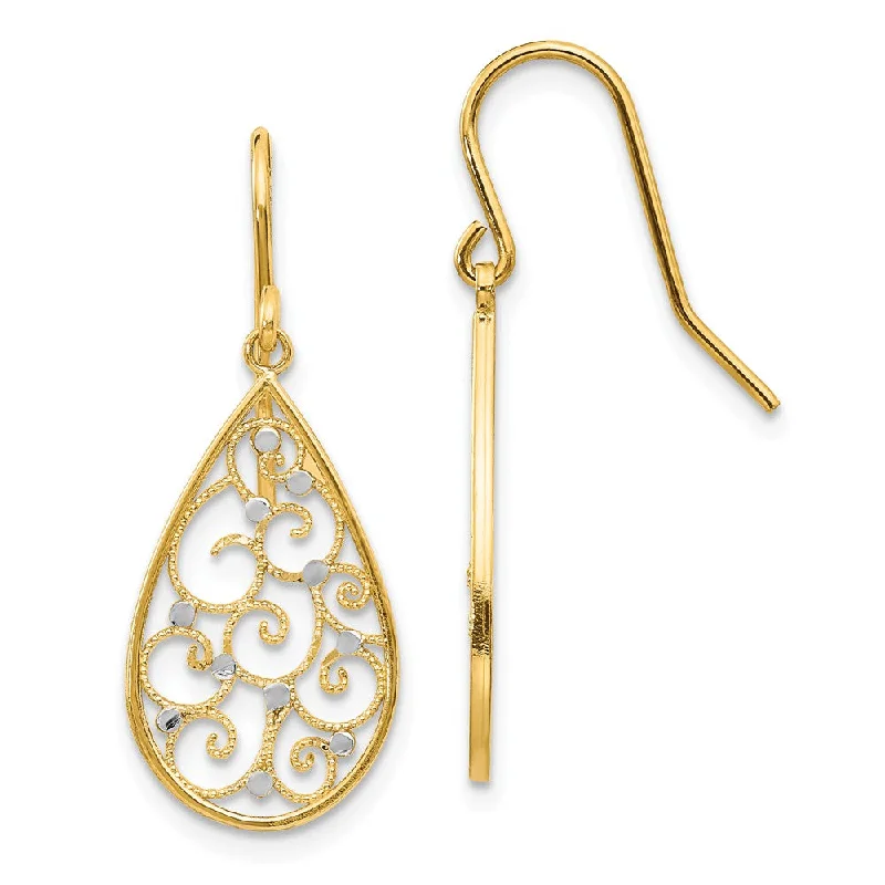 trendy statement earrings for women -Open Scroll Teardrop Earrings in 14k Yellow Gold and Rhodium