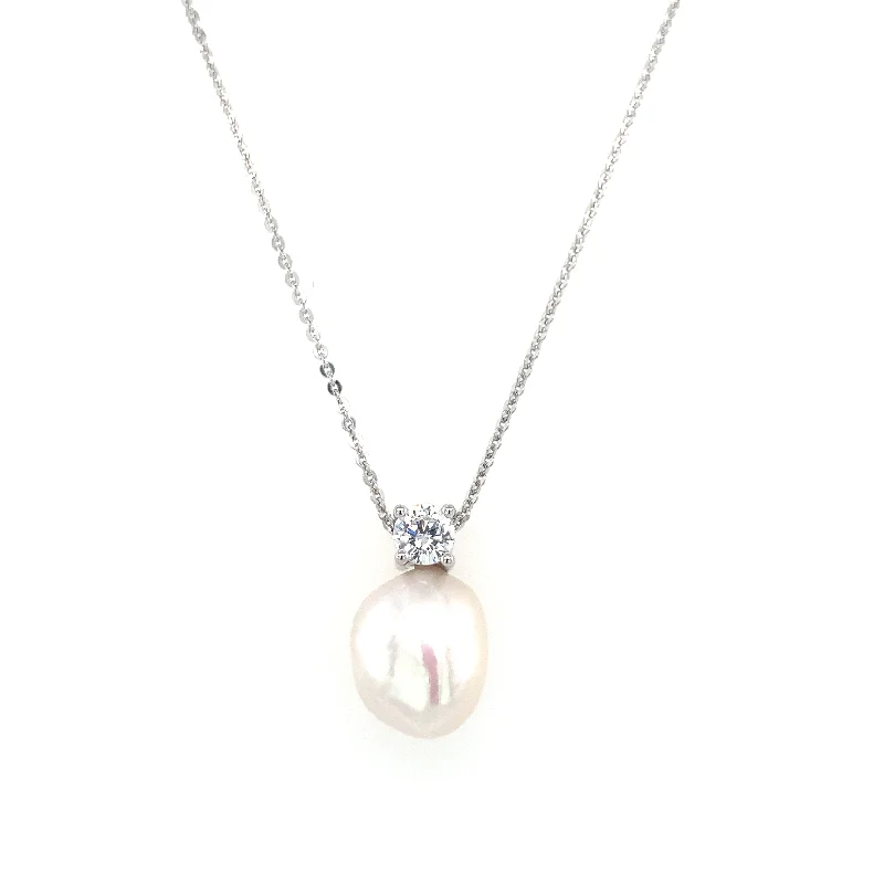 birthday gift necklaces for women -Sterling Silver Baroque Pearl & CZ Necklace