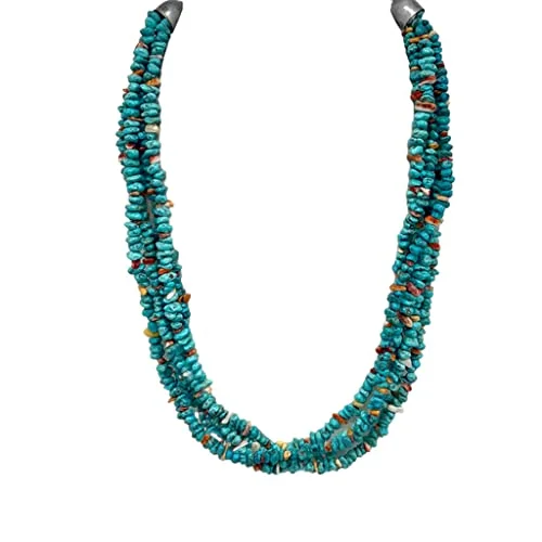 long chain necklaces for women -18-22 inch, 5 Strand, Genuine Turquoise and Shell Necklace, Authentic Navajo Native American USA Handmade in New Mexico, Sterling Silver