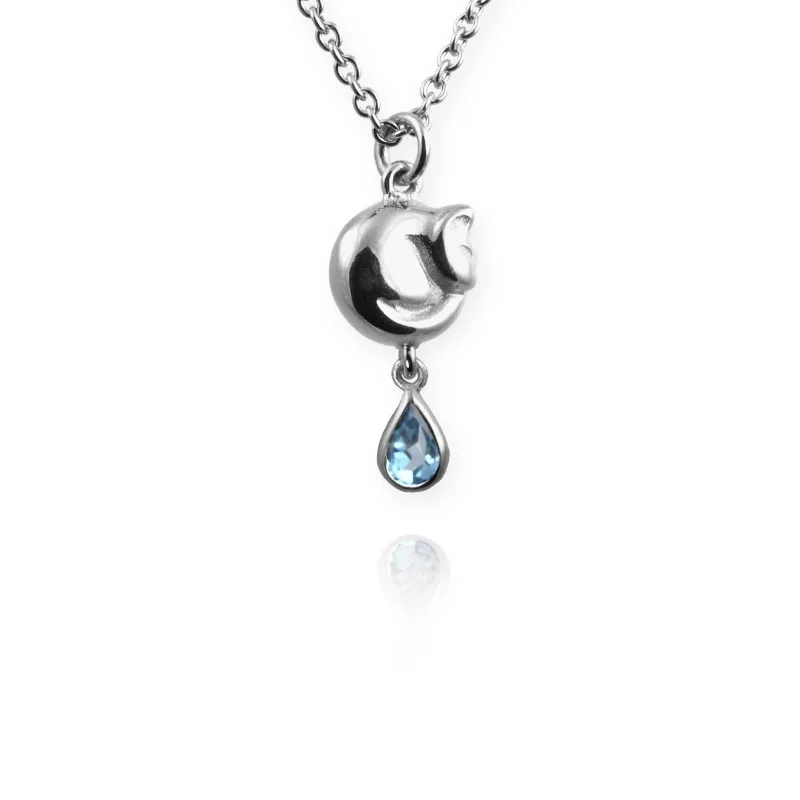 custom engraved necklaces for women -Tiny Cat Necklace with blue topaz drop