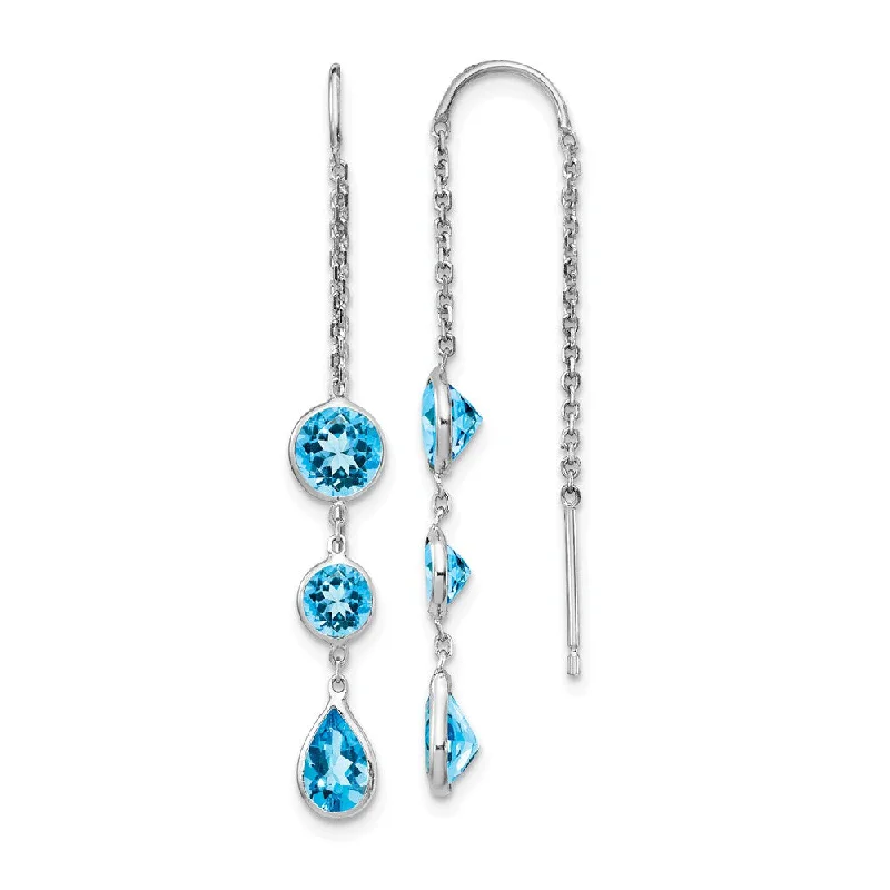 birthday gift earrings for women -5x 45mm 14k White Gold Blue Topaz Pear & Round Bezel Threader Earrings