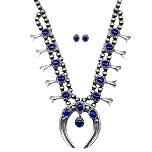 silver chain necklaces for women -Genuine Lapis Lazuli Squash Blossom Necklace Set, Navajo Native American Handmade, 925 Sterling Silver, Artisan Signed, One of a Kind Piece