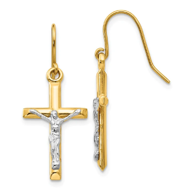 classic gold earrings for women -3D Hollow Crucifix Dangle Earrings in 14k Two Tone Gold