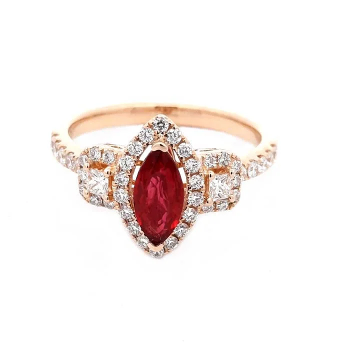 halo engagement rings -Mountz Collection Marquise Ruby and Diamond Halo Ring in 14K Yellow Gold