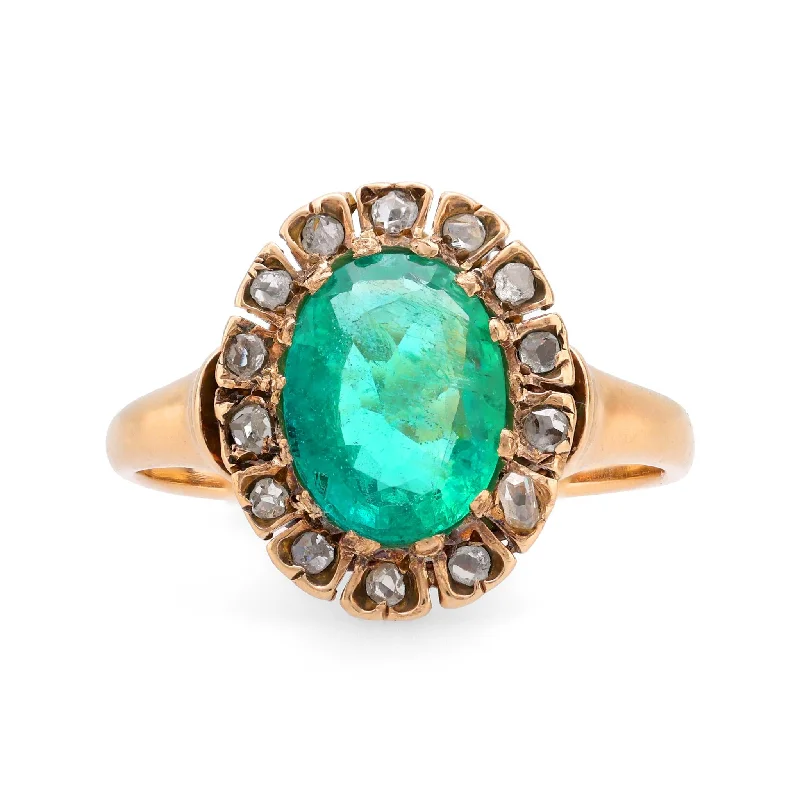 luxury rings for brides -GIA 1.40 carat oval cut emerald diamond 14k yellow gold cluster ring