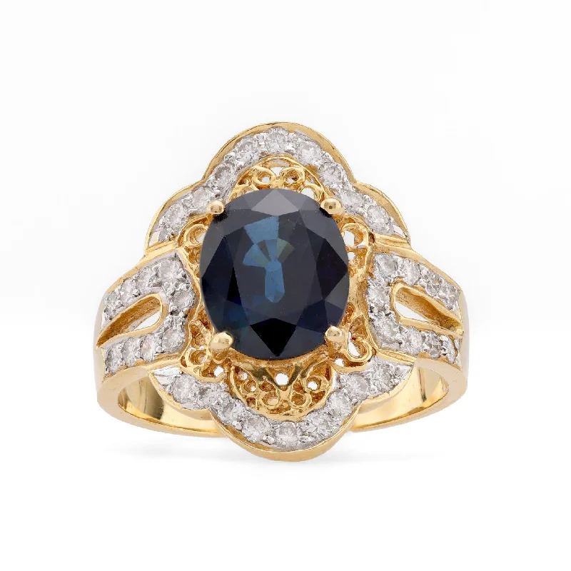 silver statement rings -Vintage 2.5 Carat Oval Cut Sapphire 18K Yellow Gold Cocktail Ring