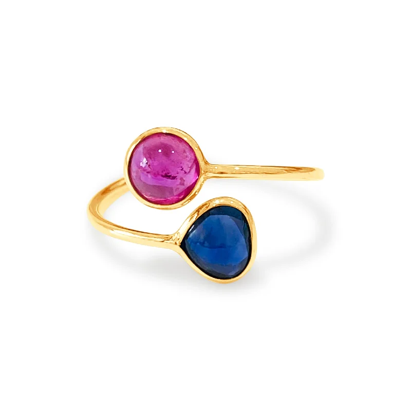 silver statement rings -Blue Sapphire & Ruby Pear Shape Ring In 18K Yellow Gold