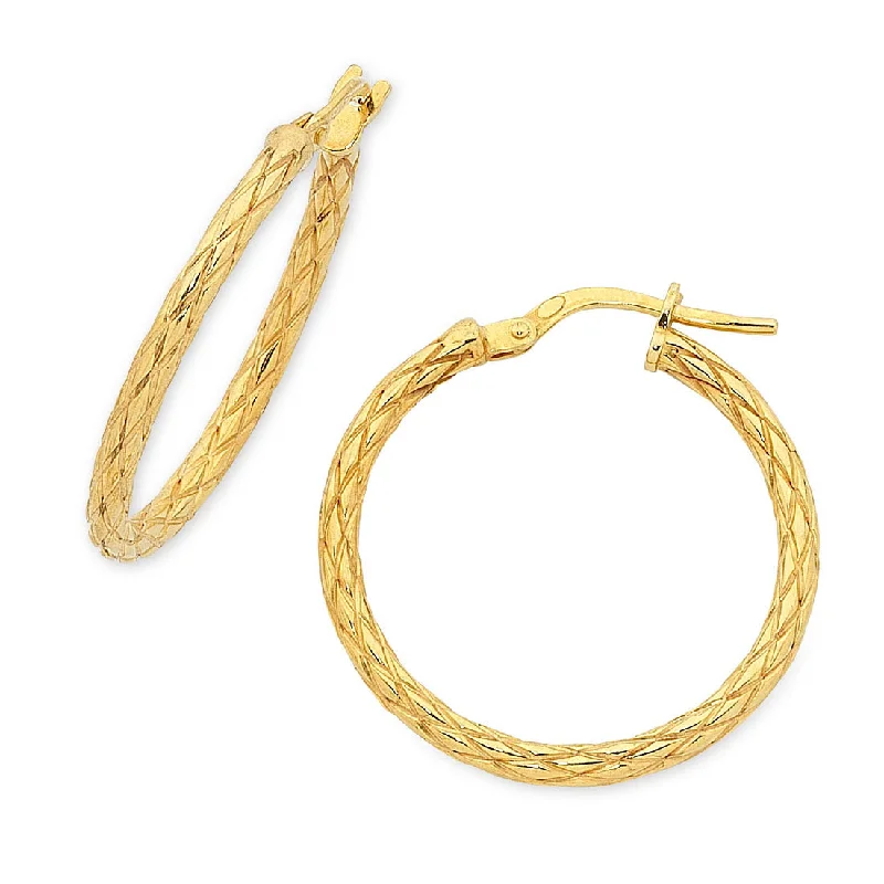 chic drop earrings for women -9ct Yellow Gold Silver Infused Patterned Hoop Earrings