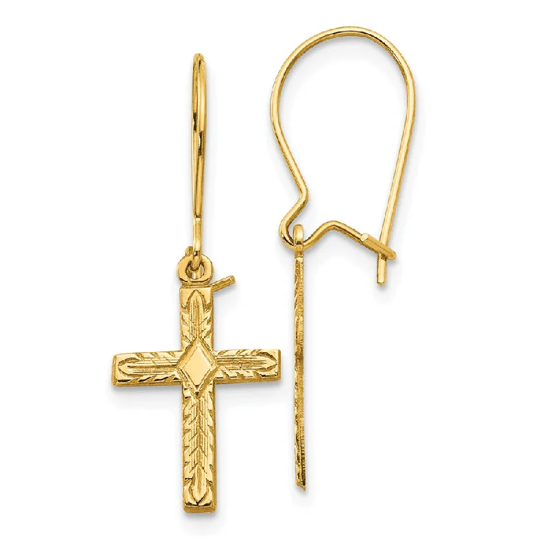 silver dangle earrings for women -13mm Textured Cross Dangle Earrings in 14k Yellow Gold