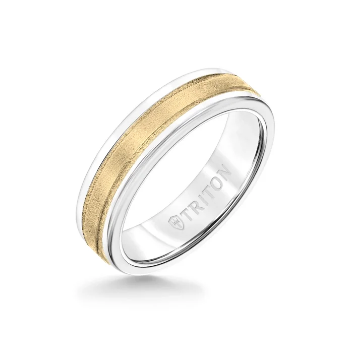 gold statement rings -6MM White Tungsten Carbide Ring - Step Edge 14K Yellow Gold Insert with Round Edge