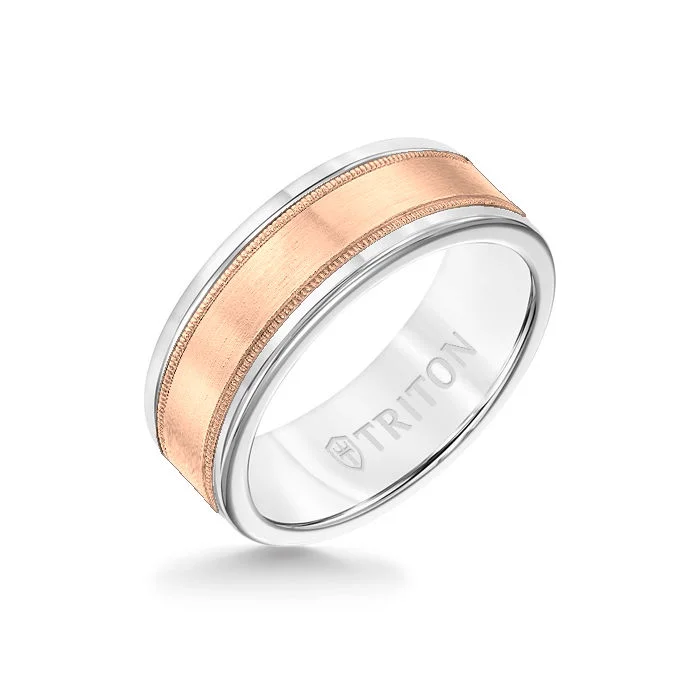 titanium rings for women -8MM White Tungsten Carbide Ring - Flat Milgrain 14K Rose Gold Insert with Round Edge