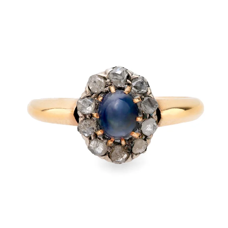 gold wedding bands for women -Antique French cabochon sapphire diamond 18k yellow gold silver cluster ring